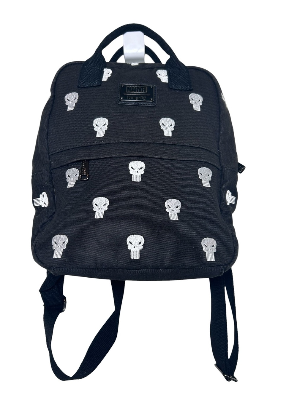 Loungefly Marvel Punisher skull embroidered canvas backpack bag zip pockets